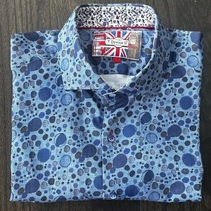 7 Downie St London Shirt Blue Pattern Short Sleeve Stretch Cotton Size 7 Size:L